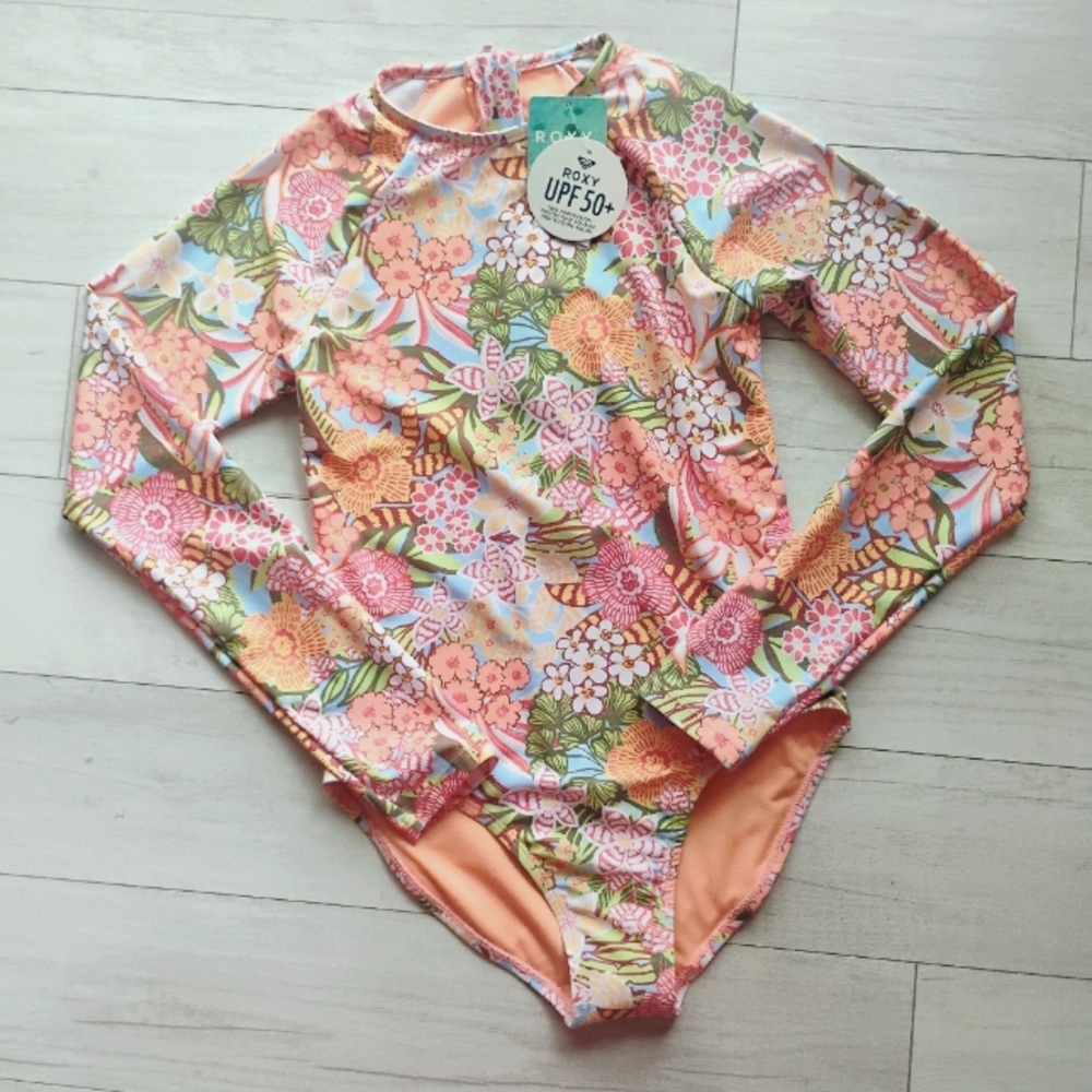 Roxy Girls' Floral Long-Sleeve One-Piece Swimsuit - Peach Multi